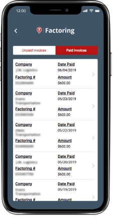 Smart phone with Truckstop.com factoring app example.