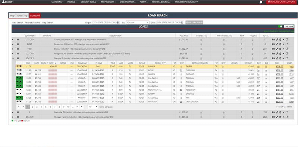 Screen shot of desktop load board with Book It Now