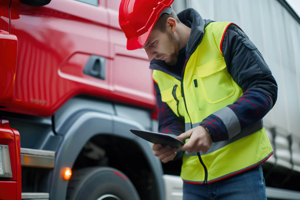 Truck driver wearing hardhat and reflective vest using digital tablet for pre-trip inspection