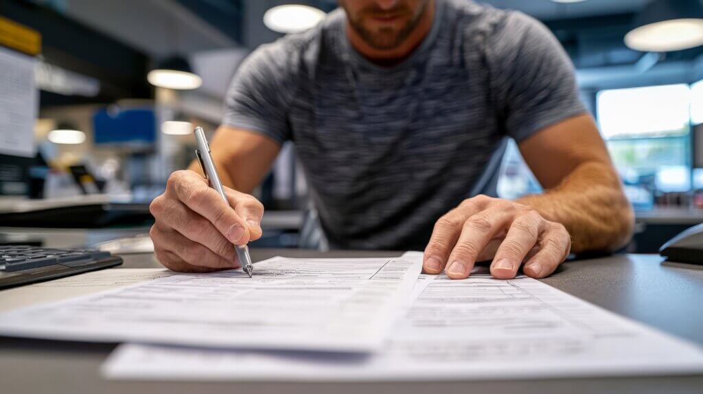 a man sitting at a desk completing tax forms.