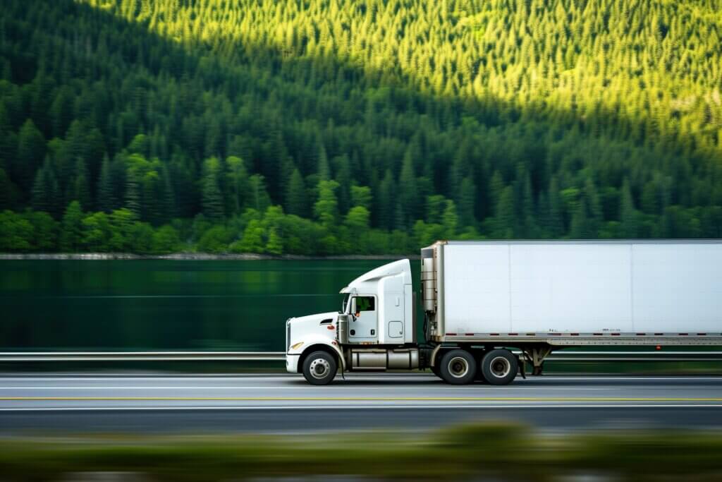 A large white semi truck was driving on the road near the lake. Commercial cargo semi-truck in a refrigerated semi-trailer along the road with green trees near the lake