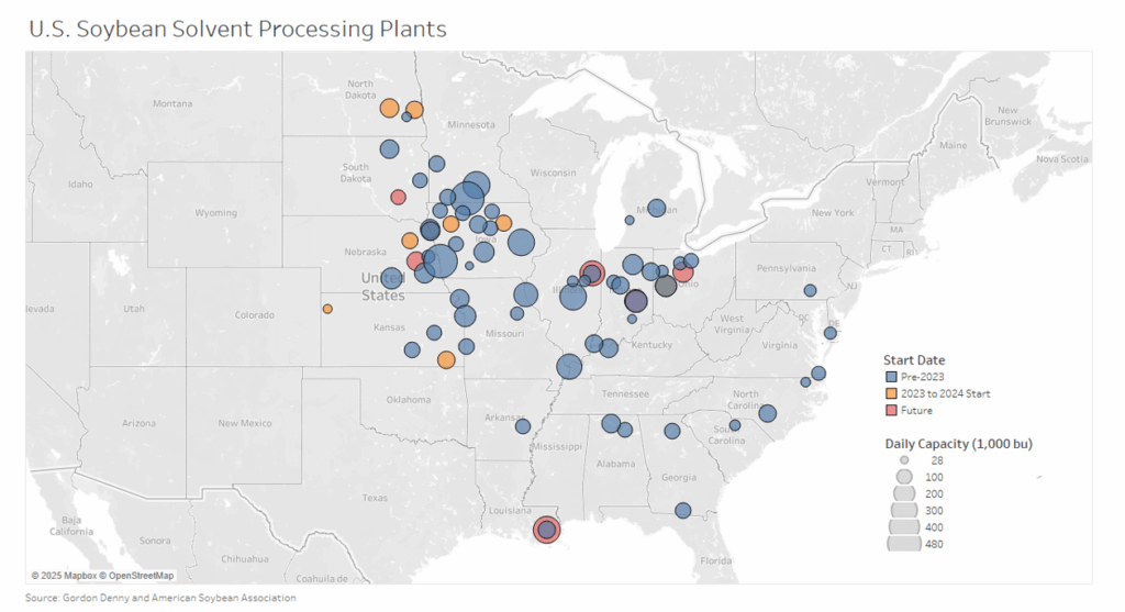 US map showing soybean solvent processing maps during harvest season