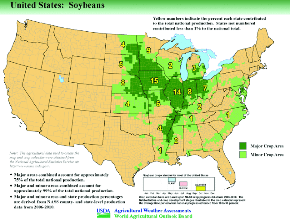 US map showing major and minor soybean production by state