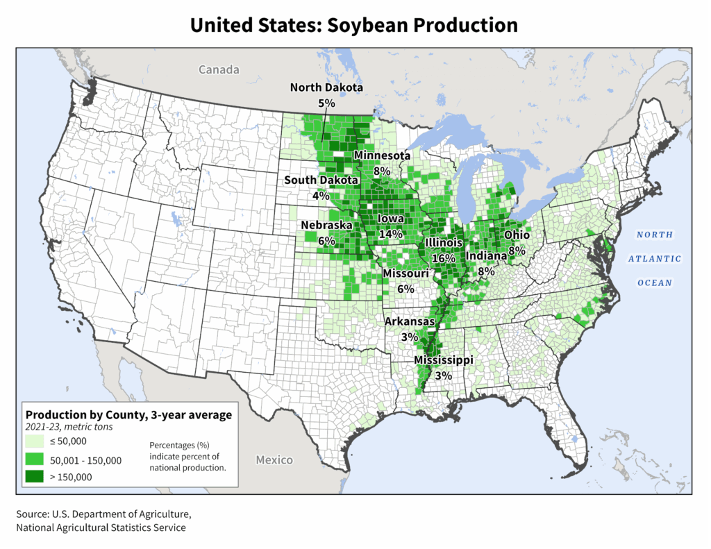 US map showing soybean production by state